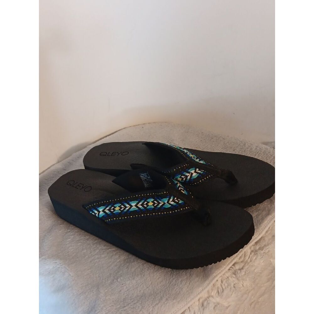 Qleyo Black Flip Flop Sandals with Blue Embroidered Detail